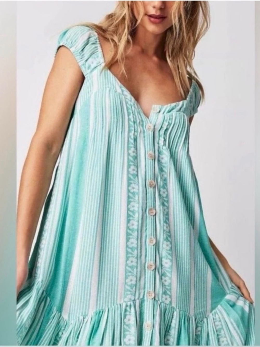 Free People Aqua Stripe Button-Front Peasant Mabel Maxi Dress